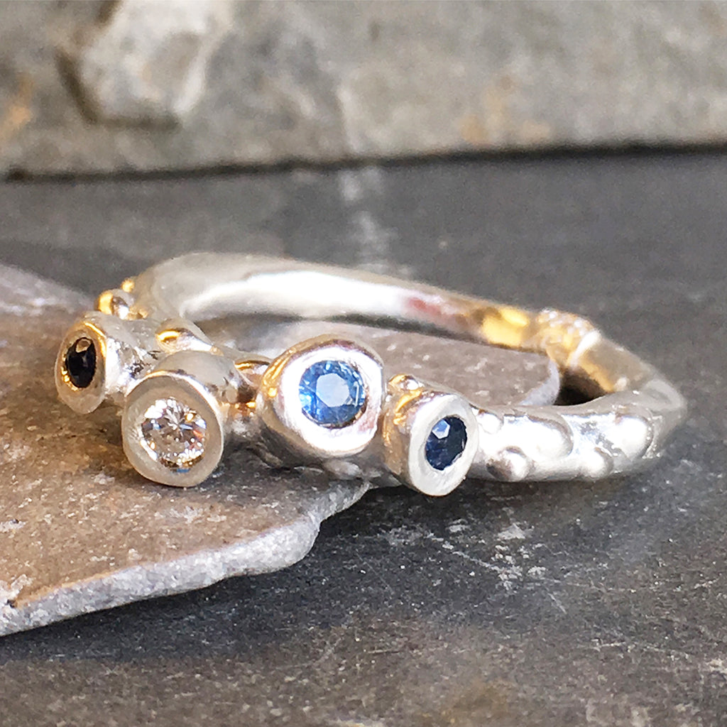 Five Stone Blue Sapphire and Diamond Sterling Silver Barnacle Ring Size 6.5
