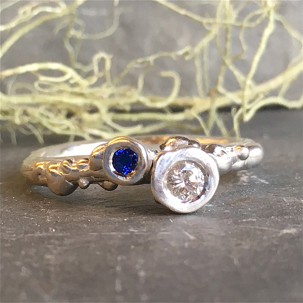 Two Stone Diamond and Blue Sapphire Sterling Silver Barnacle Ring