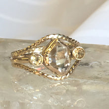 Herkimer Diamond  Engagement Ring with Citrine side accent stones, 14kt Yellow Gold, tri-band