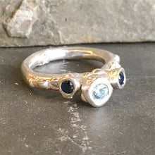 Three Stone Aquamarine and Blue Sapphire Sterling Silver Barnacle Ring Size 6.5