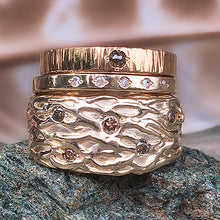 14kt Solid Gold Wide Tree Textured Band w/ Diamonds