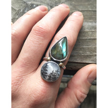 Pear shaped Labradorite and Glass Tree Bead Ring, Size 7.5