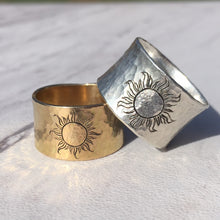 14kt Yellow Gold 13mm Wide Wedding Band with Sun Engraving