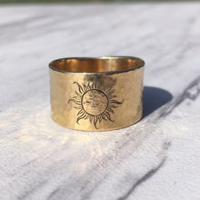 14kt Yellow Gold 13mm Wide Wedding Band with Sun Engraving