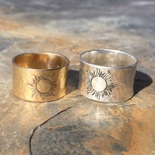 14kt Yellow Gold 13mm Wide Wedding Band with Sun Engraving