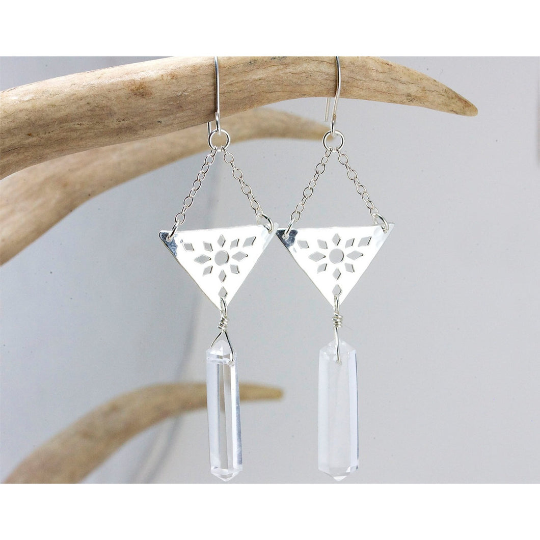 Geometric Triangle Dangle Earrings with Quartz Crystal Points