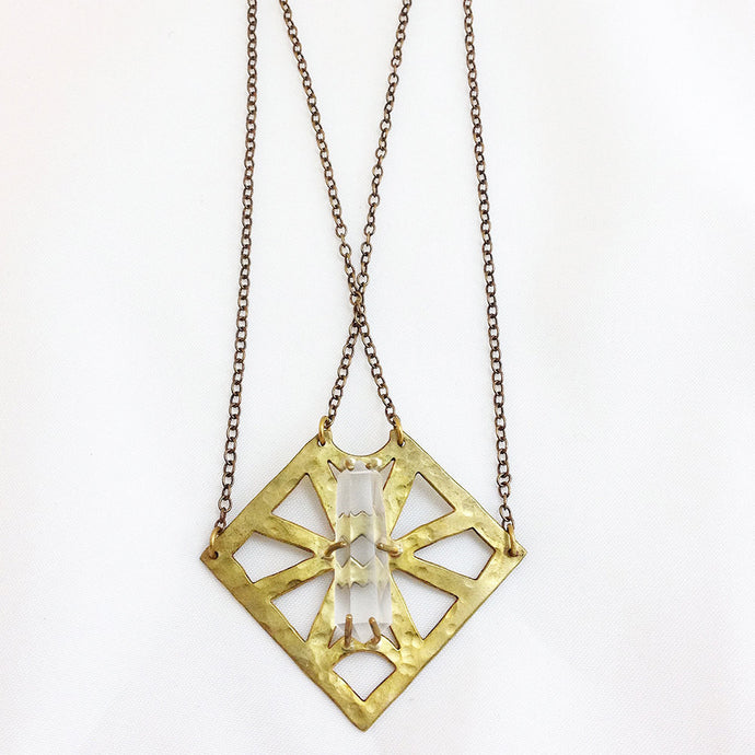 Geometric Square Necklace w/ Quartz Point